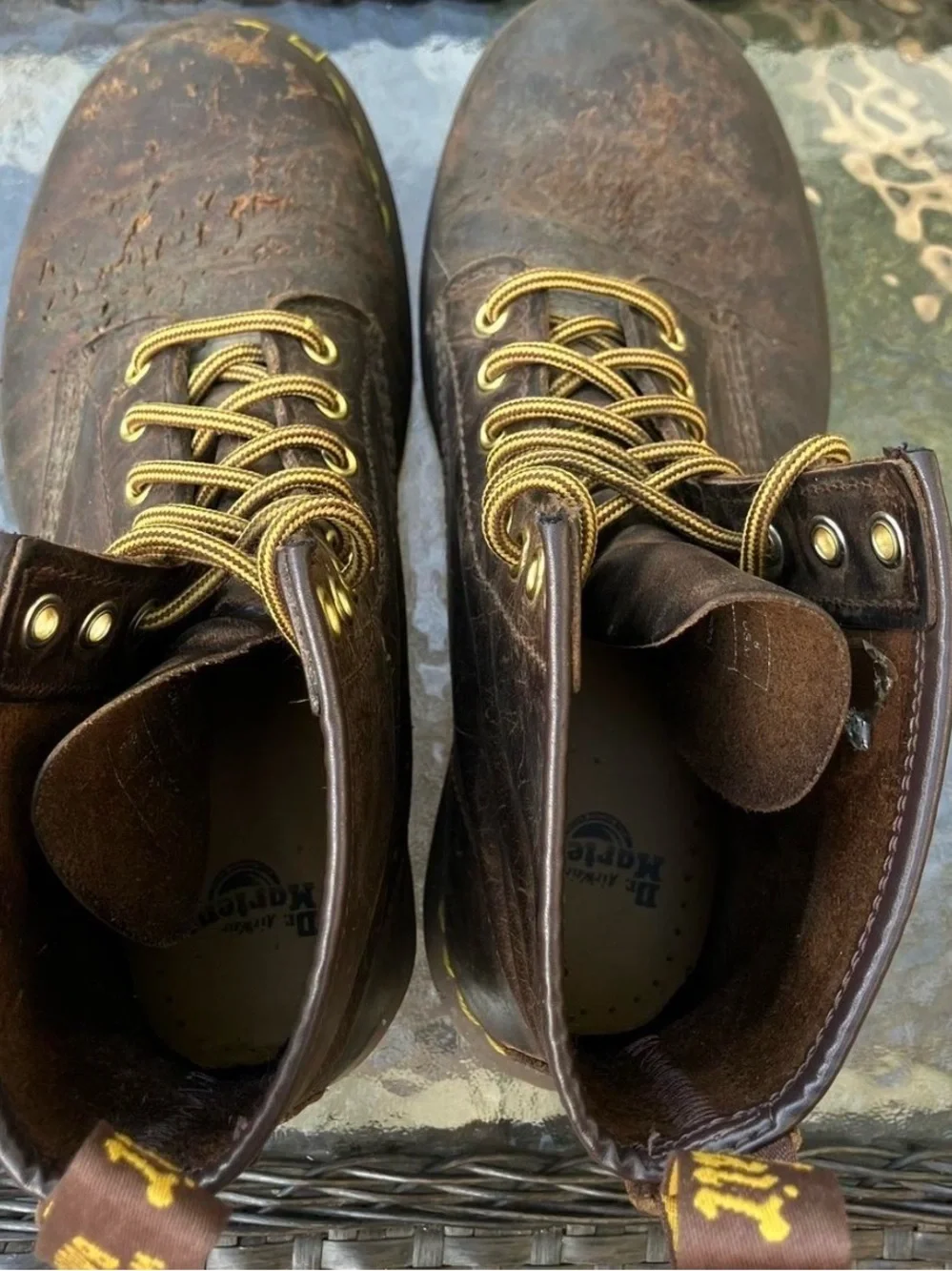 Dr. Martens 1460 Crazy Horse leather brown boots with yellow laces